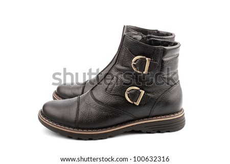 Children's boots black, leather, autumn on a white background
