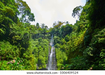Sekumpul waterfall on Bali island Indonesia. Majestic waterfall in the rainforest jungle. View of amazing beautiful waterfall with sunlight.bNature landscape. Travel and adventure concept.