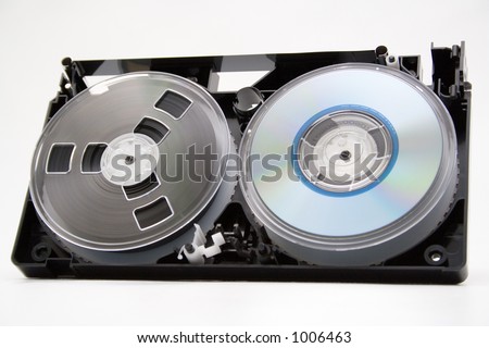 Take to pieces VHS cassette and CD disc on white background