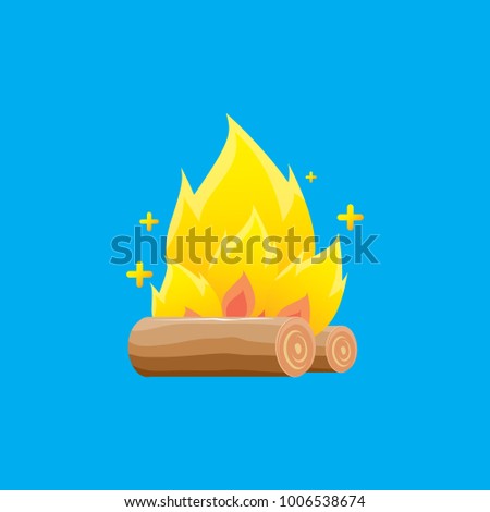 vector cartoon campfire color icon isolated on blue background. Summer camping fire or fireplace with wooden logs. Kids summer camp label or logo