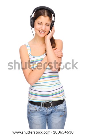 Full isolated portrait of a beautiful caucasian woman listen to the music
