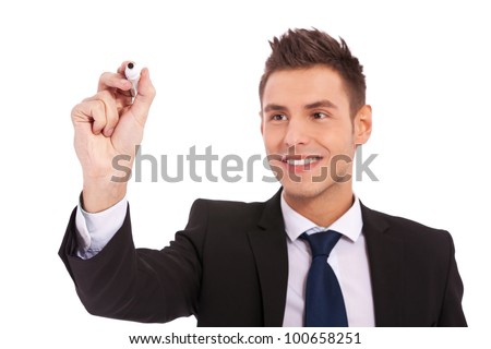 Business man writing with marker isolated on white background