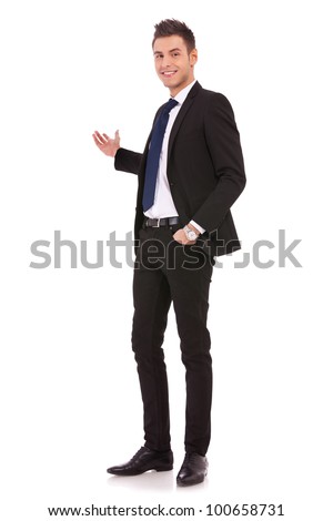 Happy business man giving presentation on white background , full body picture
