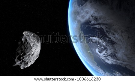 Blue Earth and asteroid. Dark background. Elements of this image furnished by NASA