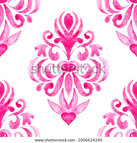 pink damask hand drawn floral design with heart and bud. Abstract seamless ornamental watercolor paint pattern for fabric. Baroque vintage floral background.