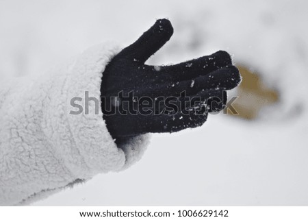 Hand wearing winter glove catching snowflakes