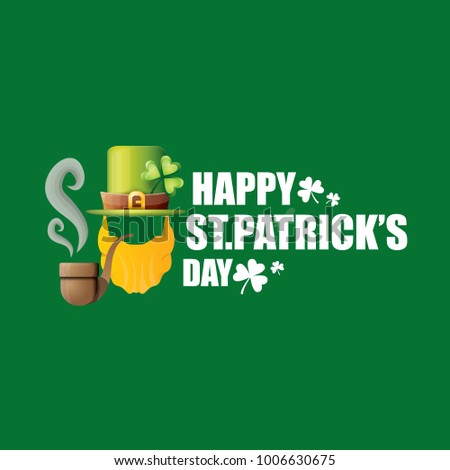 vector happy saint patrick day flat label with leprechaun, green hat, red beard and smoking pipe isolated on green background. saint patrick day party poster or banner design template