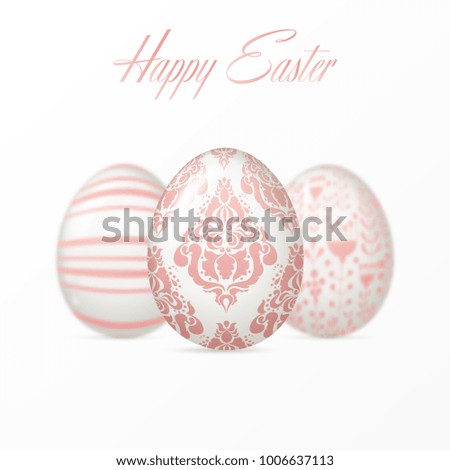 Happy Easter background with realistic white eggs with elegant floral ornament and text. Minimalistic vector design. Spring holiday illustration