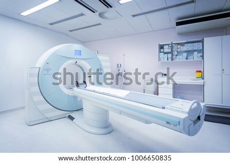 CT - Computerized Tomography Scan Device in Hospital. Medical Equipment and Health Care. Royalty-Free Stock Photo #1006650835