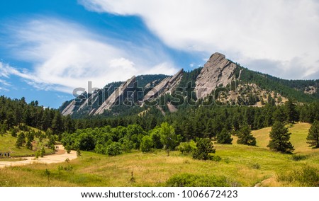 Landscape featuring the Flatirons, Boulder, Colorado in summer Royalty-Free Stock Photo #1006672423