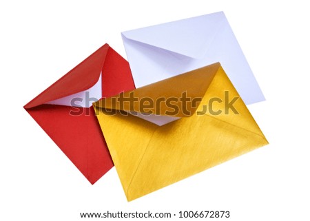 Group of open multicolored envelopes on a white background.