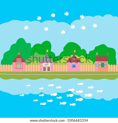 Small houses with green trees outside the fence stand on the shore of the lake. In the blue sky white birds fly. In the blue water white fish swim.