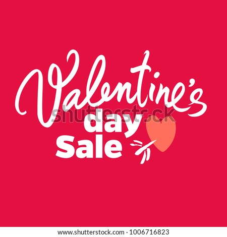 Valentine's Day sale poster.  Special offer discount  banner. Handwritten white lattering with scarlet heart pierced by arrow. Vector typography isolated on red background. 