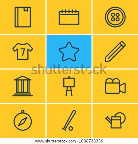 Vector illustration of 12 hobby icons line style. Editable set of baseball, watering can, easel and other icon elements.