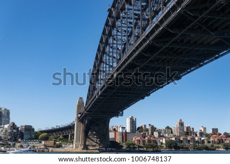 Looking up at the Sydney Harbor Bridge with bright blue sky