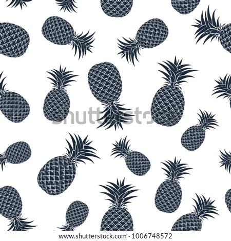 Seamless pattern of black pineapple silhouettes on a white background. Design for textiles, banners, posters. Vector illustration.