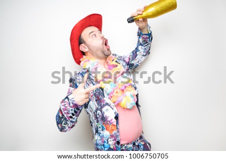 young party man drunk photo booth shoot studio blank background camera bottle hat party