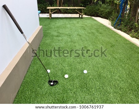 Home golf course by artificial grass , architecture design of grass field around home, artificial grass, home outdoor decoration concept Royalty-Free Stock Photo #1006761937