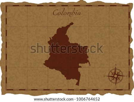 Ancient map with Colombia silhouette on old parchment. Vector illustration. Separate layers.