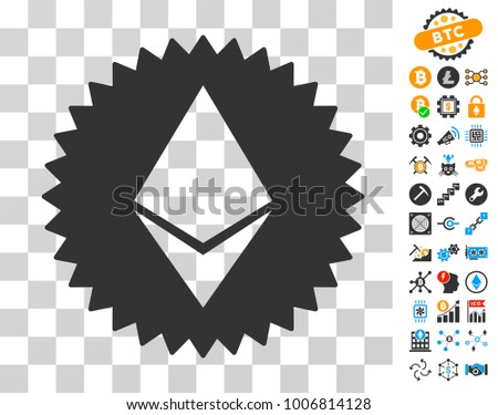 Ethereum Medal Coin icon with bonus bitcoin mining and blockchain clip art. Vector illustration style is flat iconic symbols. Designed for crypto-currency websites.