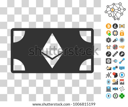 Ethereum Banknote pictograph with bonus bitcoin mining and blockchain clip art. Vector illustration style is flat iconic symbols. Designed for crypto currency websites.