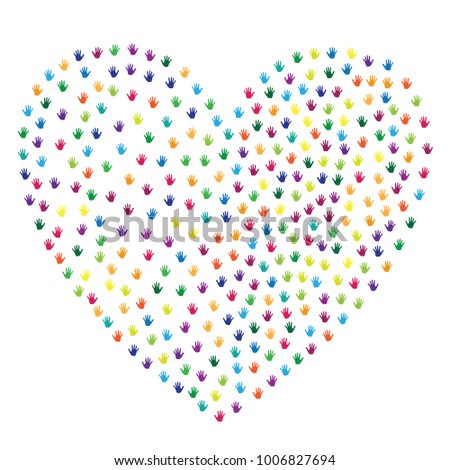 Heart of hands, palms isolated on white vector illustration. Rainbow colors handprints heart - symbol of love, compassion, humanity, friendship. Cartoon children hands prints in paint.
