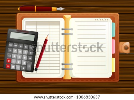 Table setting with organizer and calculator illustration
