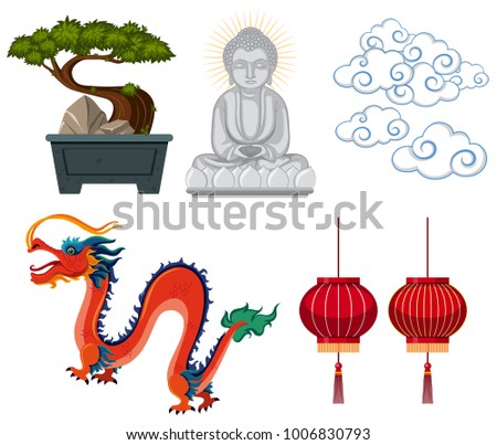 Asian antiques and decorations on white background illustration