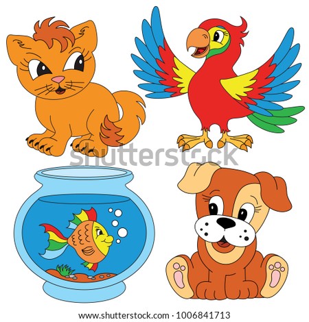 Smiley pet animals elements set, collection of coloring book template, the group of outline digital elements vector illustration, kid educational game page.