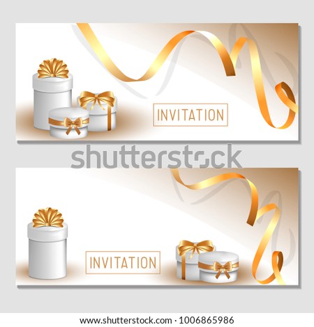 Horizontal design background with white gift boxes and gold bow. Template Invitation For Valentine's Day, Wedding, Birthday. For a banner, postcards. flyer, label, certificate, company card. Vector.
