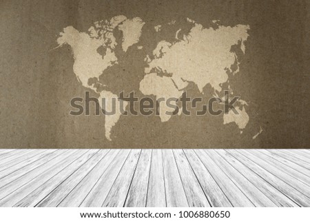 Cardboard paper texture background natural color, with white wood terrace and world map