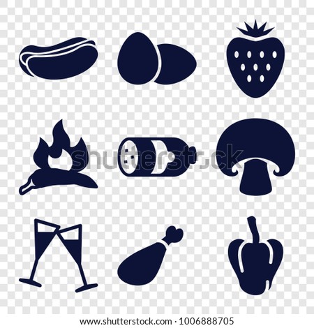 set of 9 editable filled icons such as sausage, chili, pepper, hot dog, meat leg, wine glass, strawberry, egg