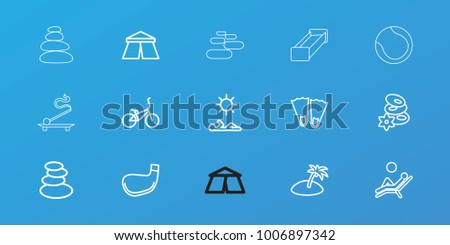Editable 15 relaxation icons: tent, spa stones, flippers, bicycle, golf stick, man laying in sun, man laying in the sun, island, garden bench, aroma stick, spa stone