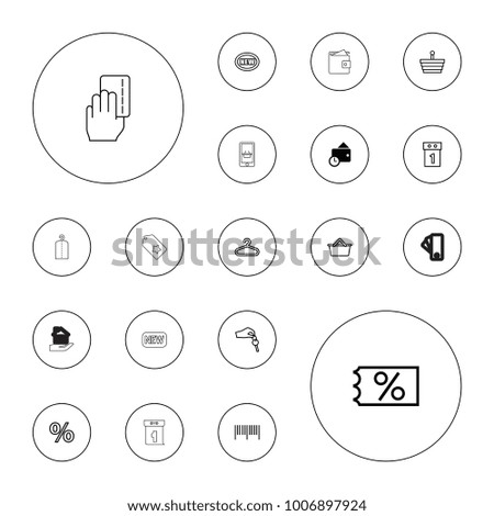 Editable vector sale icons: wallet, hanger, shopping basket, barcode, washing machine on sale, new, ticket on sale, shopping bag, percent, hand with key on white background.