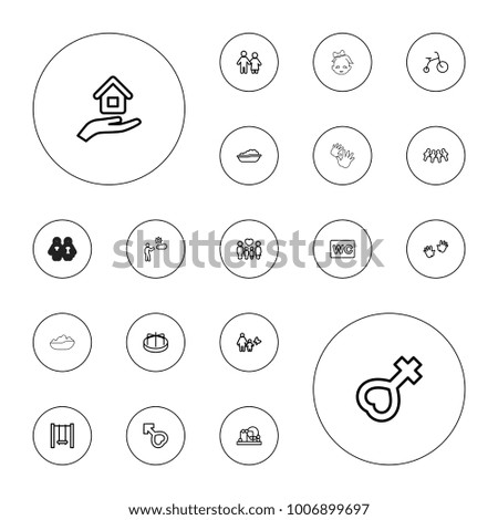 Editable vector boy icons: child bicycle, baby bath, baby toy, child playground carousel, wc, couple, mother and son, children, family, female, male, man on white background.