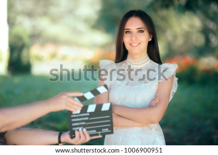Smiling  Actress Auditioning for Movie Film Video Casting. Woman reading her part on a microphone for a role
