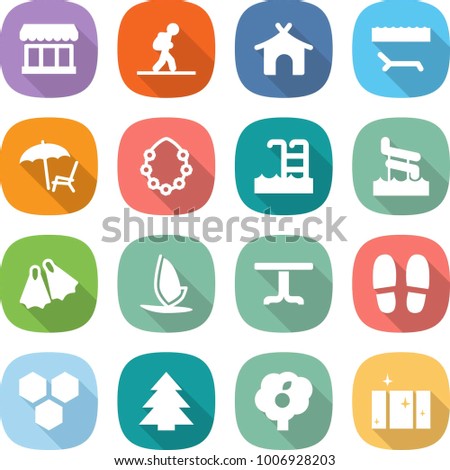 flat vector icon set - market vector, tourist, bungalow, lounger, hawaiian wreath, pool, aquapark, flippers, windsurfing, table, slippers, honeycombs, spruce, garden, clean window