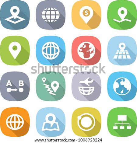 flat vector icon set - pointer vector, globe, dollar pin, geo, map, route a to b, plane shipping, earth, orbit, hierarchy