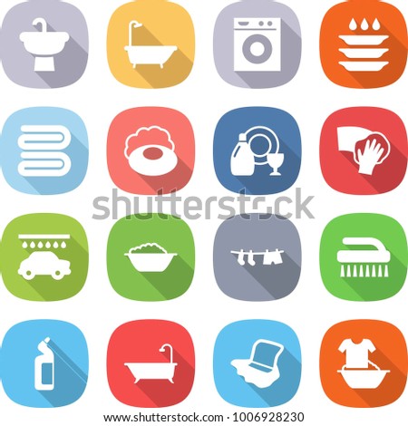 flat vector icon set - sink vector, bath, washing machine, plate, towel, soap, dish cleanser, wiping, car wash, foam basin, drying clothes, brush, toilet, floor, handle