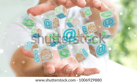 Businessman on blurred background using floating cube contact 3D rendering