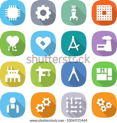 flat vector icon set - chip vector, gear, dna modify, cpu, cardio, pacemaker, draw compass, factory, tower crane, drawing compasses, consolidated cargo, workman, gears, circuit