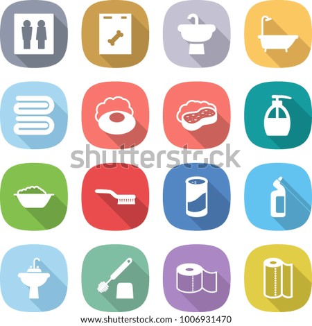 flat vector icon set - wc vector, roentgen, sink, bath, towel, soap, sponge with foam, liquid, basin, brush, cleanser powder, toilet, water tap, paper