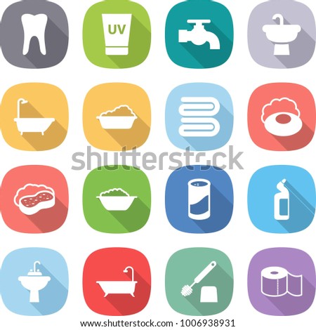 flat vector icon set - tooth vector, uv cream, water tap, sink, bath, washing, towel, soap, sponge with foam, basin, cleanser powder, toilet, brush, paper