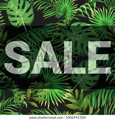 Sale. Inscription on seamless background with palm leaves 