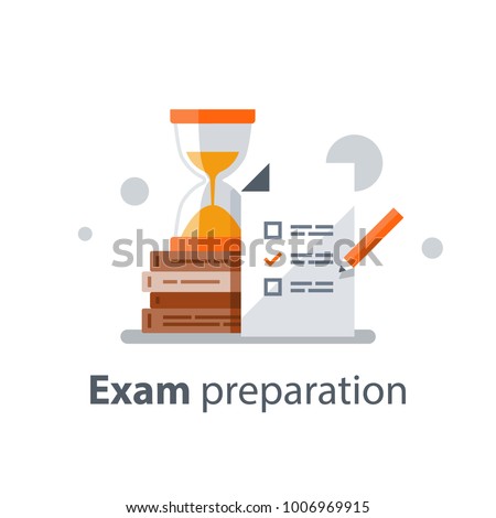 Exam preparation, school test, examination concept, checklist and hourglass, choosing answer, questionnaire form, education, vector flat illustration Royalty-Free Stock Photo #1006969915
