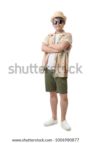 The Asian senior man in the casual clothes on the white background.