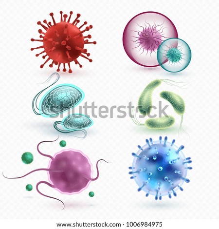 Realistic 3d microscopic viruses and bacteria isolated vector set. Microscopic cell illness, bacterium and microorganism illustration Royalty-Free Stock Photo #1006984975