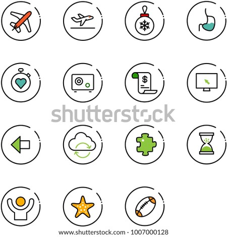 line vector icon set - plane vector, departure, christmas ball, stomach, stopwatch heart, safe, account history, monitor cursor, left arrow, refresh cloud, puzzle, sand clock, success, starfish