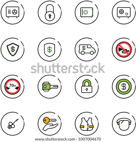 line vector icon set - safe vector, lock, encashment car, no horn road sign, limited distance, key, locked, dollar, hand, life vest, protect glass