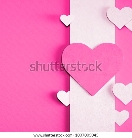 3D render of valentine's day card. Set of white and light pink paper hearts cards on light pink background with clear shadow